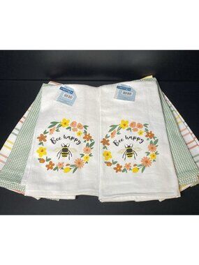 LOT of 6 Kitchen Hand Tea Dish Towels Bee Happy Peach Green Yellow Set NEW NWT